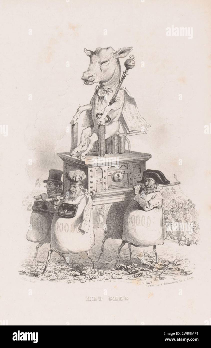 Anbetung des Geldes, dargestellt durch einen Ochsen, das Geld (Titel auf dem Gegenstand), das Geld wird durch einen Ochsen dargestellt, der auf einer Geldkiste sitzt, die von vier Figuren getragen wird. Ihre Leichen sind aus Geldbeuteln. Die Kuh trägt ein umhang aus Scheinen, ein Zepter und sitzt auf einem Thron aus Münzen. Im Hintergrund die Menschen, die ihn verehren., Druckerei: Carel Christiaan Antonius Last, Drucker: P. Blommers (Steendrukkerij van), den Haag, 1842 - 1887, Papier, Höhe 255 mm x Breite 165 mm, Druck Stockfoto