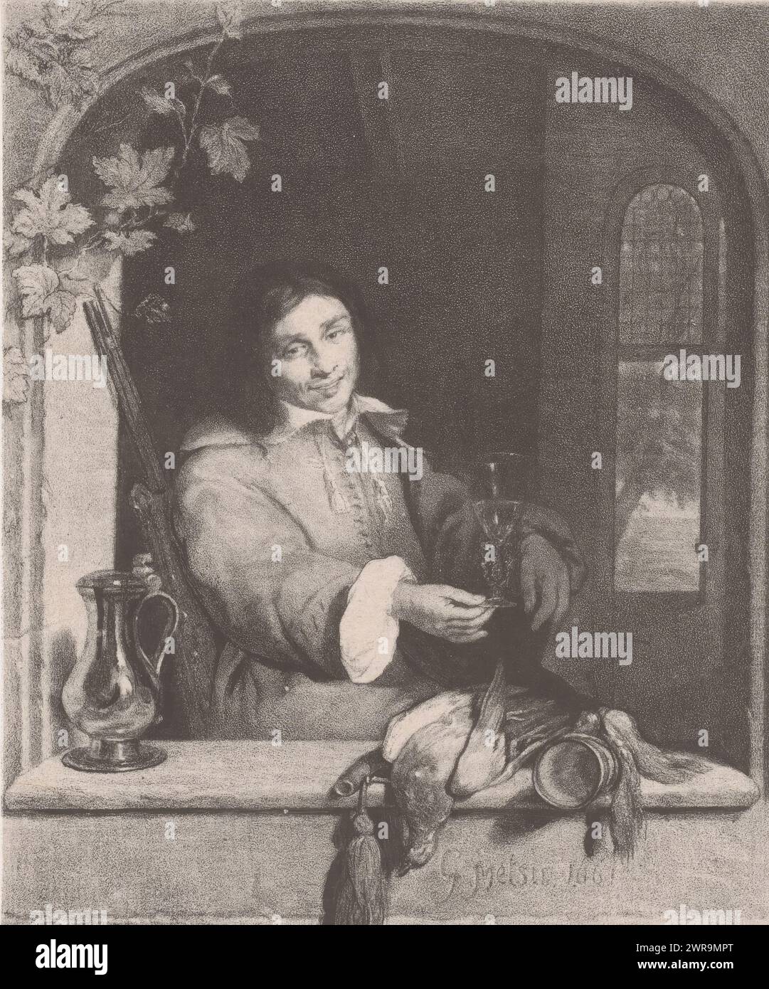 Hunter, Ein Jäger sitzt mit Glas in der Hand hinter einem offenen Fenster mit einem Krug und seinem Jagdmord., Druckerei: Adolf Carel Nunnink, nach Malerei von: Gabriël Metsu, Drucker: Koninklijke Nederlandsche Steendrukkerij, den Haag, 1867 - 1874, Papier, Höhe 512 mm x Breite 342 mm, Druck Stockfoto