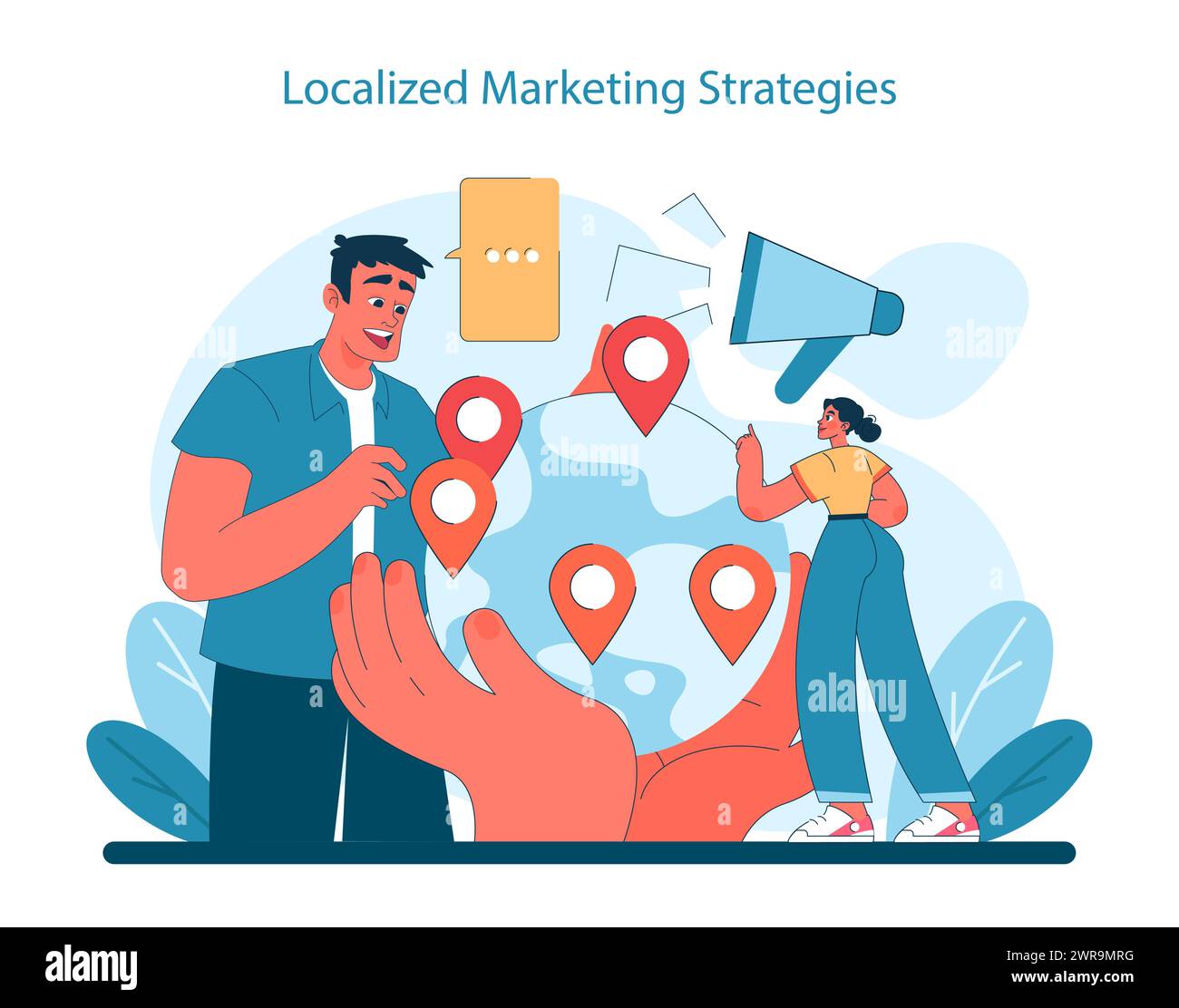 Konzept für lokalisierte Marketingstrategien. Anpassen von Kampagnen an regionale Präferenzen. Geo-Targeting für mehr Kundenrelevanz. Vektorabbildung. Stock Vektor