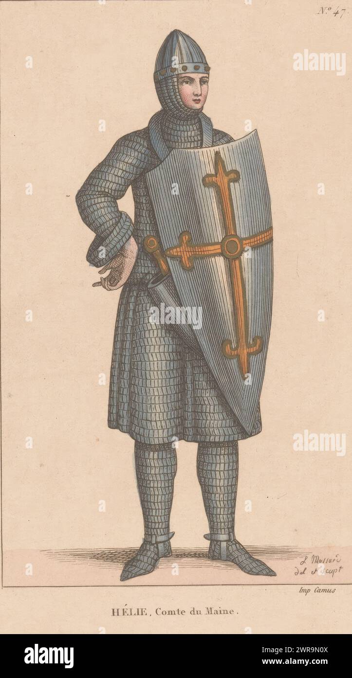 Porträt von Eli (I) van Maine, Hélie, Comte du maine (Titel über Objekt), nummeriert oben rechts: Nr. 47., Druckerei: Léopold Massard, nach Zeichnung von: Léopold Massard, Drucker: Camus, 1822 - 1889, Papier, Radierung, Höhe 226 mm, Breite 150 mm, bedruckt Stockfoto