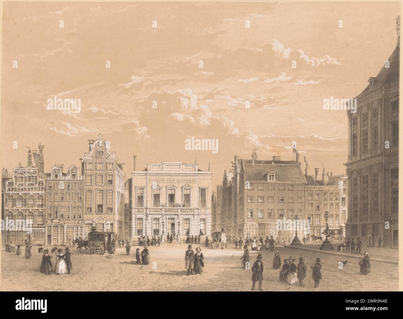 Blick vom Nieuwendijk auf Dam Square und Kalverstraat, Druckerei: Paulus Lauters, 1816 - 1875, Papier, Höhe 167 mm x Breite 226 mm, Druck Stockfoto