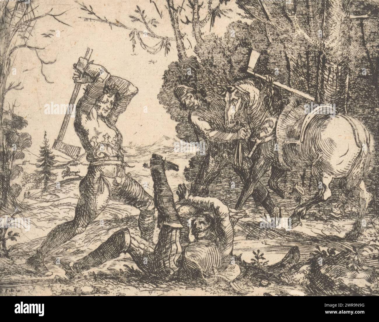 Zwei Räuber greifen einen Reiter mit Äxten an, Druckerei: Hans Ulrich Frank, 1643, Papier, Ätzung, Höhe 109 mm x Breite 140 mm, Druck Stockfoto
