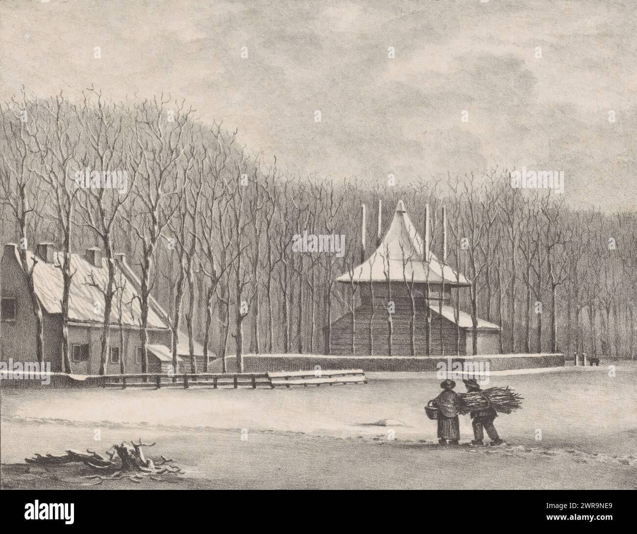 Winterlandschaft in Loenersloot, Winteransicht der vier Häuser in Loenersloot, Ansichten in Loendersloot (Serientitel), im Vordergrund zwei Figuren durch den Schnee laufen. Einer von ihnen hat einen Haufen Zweige auf dem Rücken. Eine Heuscheune auf der rechten Seite. Dieser Druck ist Teil eines Covers mit fünf Drucken., Druckerei: Petrus Josephus Lutgers, Drucker: Desguerrois & Co., Druckerei: Loenen aan de Vecht, Drucker: Amsterdam, 1832, Papier, Höhe 275 mm x Breite 380 mm, Druck Stockfoto