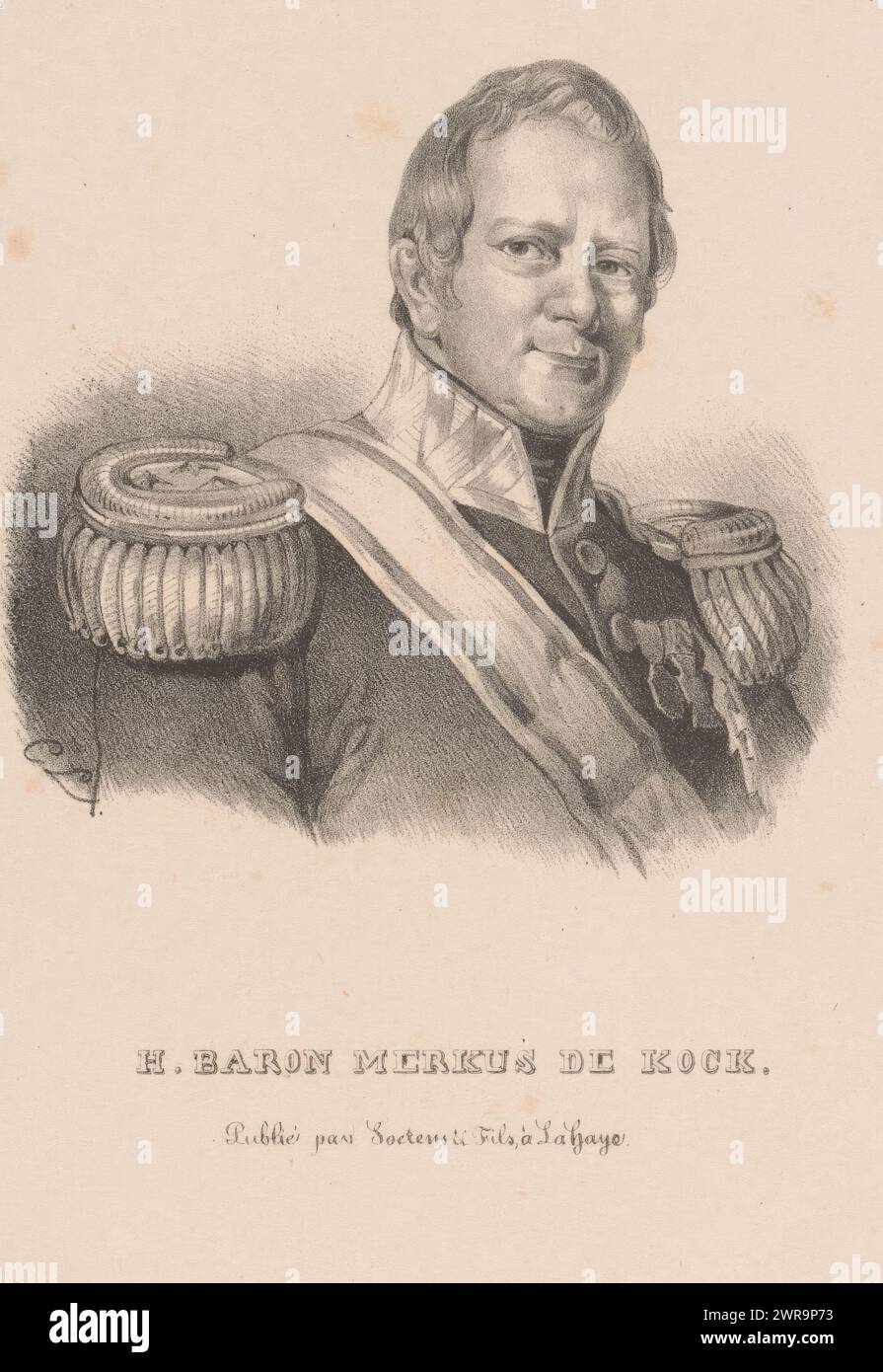Porträt von Hendrik Merkus de Kock, der Sitter trägt eine Militäruniform mit Schärpe und Ritterschaft. Sein Name unter dem Porträt., Druckerei: Carel Christiaan Antony Last, Verlag: Soetens & Fils, Druckerei: Niederlande, Verlag: Den Haag, 1837–1840, Papier, Höhe 215 mm x Breite 155 mm, bedruckt Stockfoto
