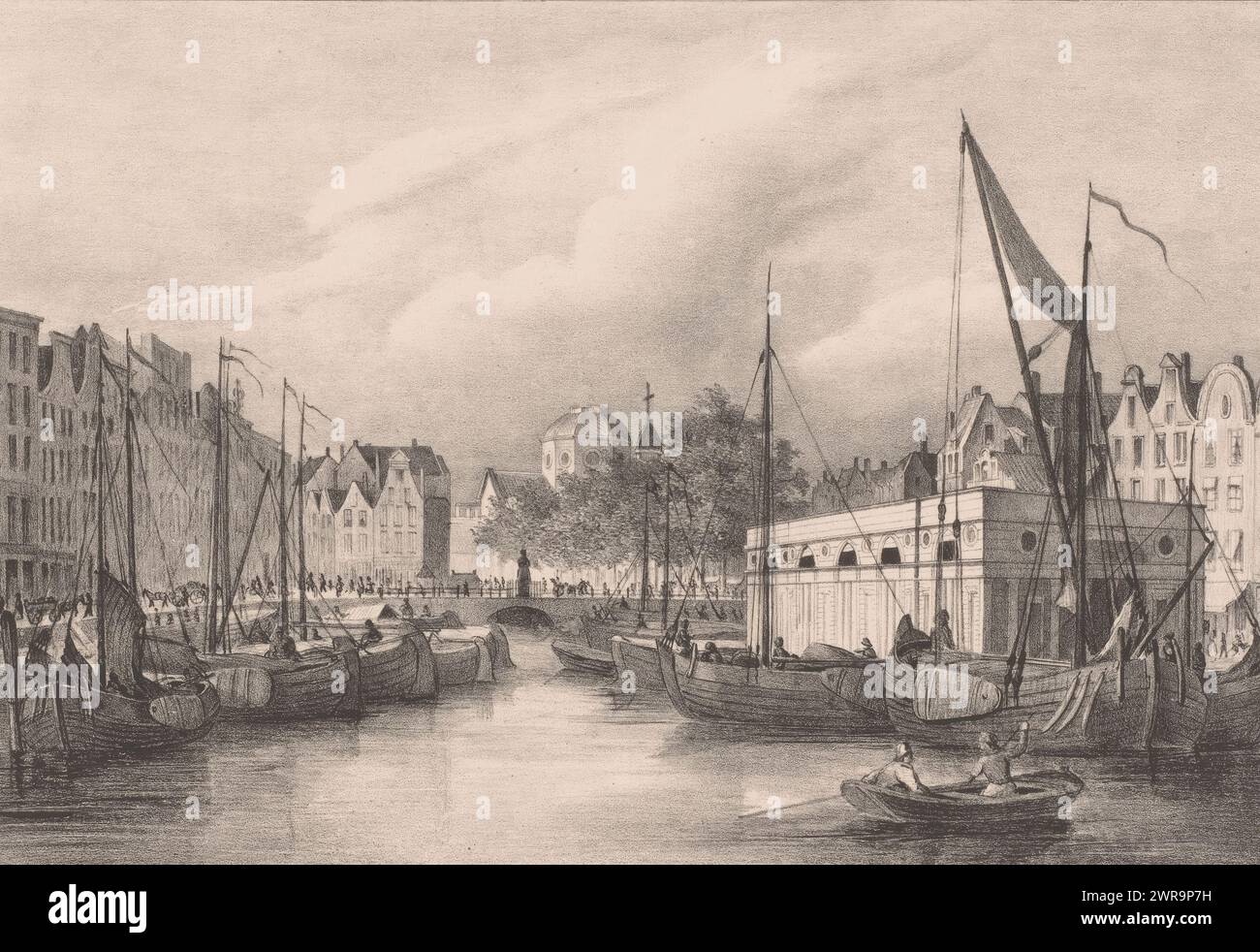 Blick auf die Korenbeurs und den Groten Markt in Rotterdam, Blick auf die Koornbeurs und den Markt in Rotterdam (Titel auf Objekt), Blick auf die Korenbeurs (rechts) und den Grote Markt von einem Kanal mit einer Kirchenkuppel im Hintergrund., Druckerei: Albertus Anthonius Nunnink, nach Foto von: Adolf Carel Nunnink, Drucker: Jan Dam Steuerwald, den Haag, 1837 - 1855, Papier, Höhe 278 mm x Breite 359 mm, Druck Stockfoto