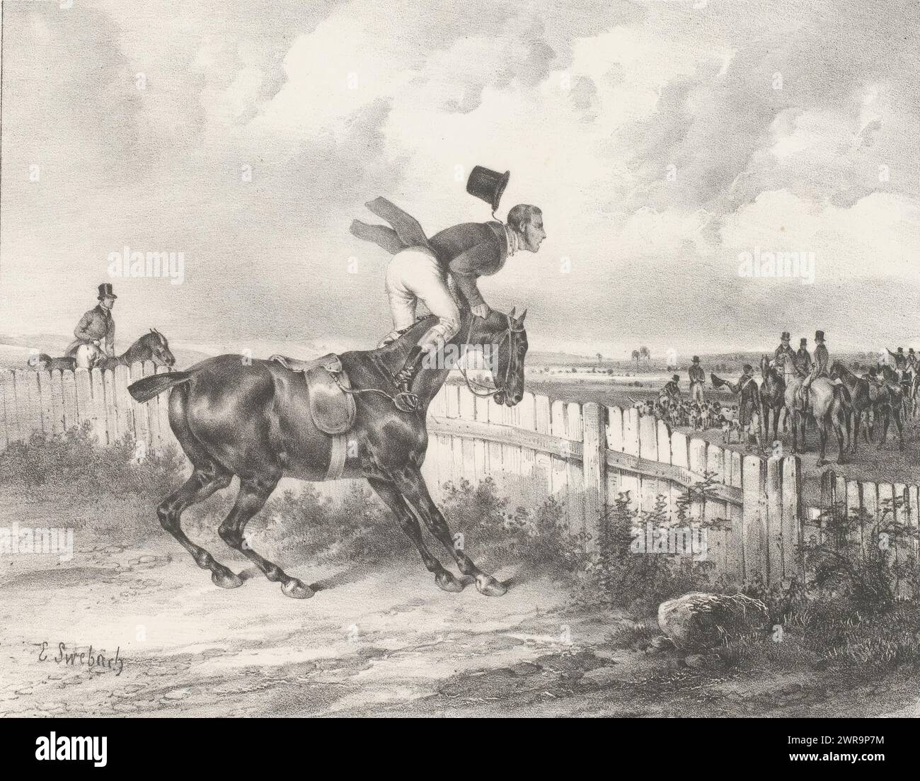 Der Mensch wird von seinem Pferd auf einen Zaun geworfen, Le Rapport du valet de limier (Titel auf Objekt), Unannehmlichkeiten der Jagd mit Pferden (Titel der Serie), Désagrémens de la chasse à courre (Titel der Serie auf Objekt), Druckerei: Bernard Edouard Swebach, nach eigenem Entwurf: Bernard Edouard Swebach, Drucker: Dewasme, Brüssel, ca. 1825 - 1827, Papier, Höhe 272 mm x Breite 350 mm, Druck Stockfoto