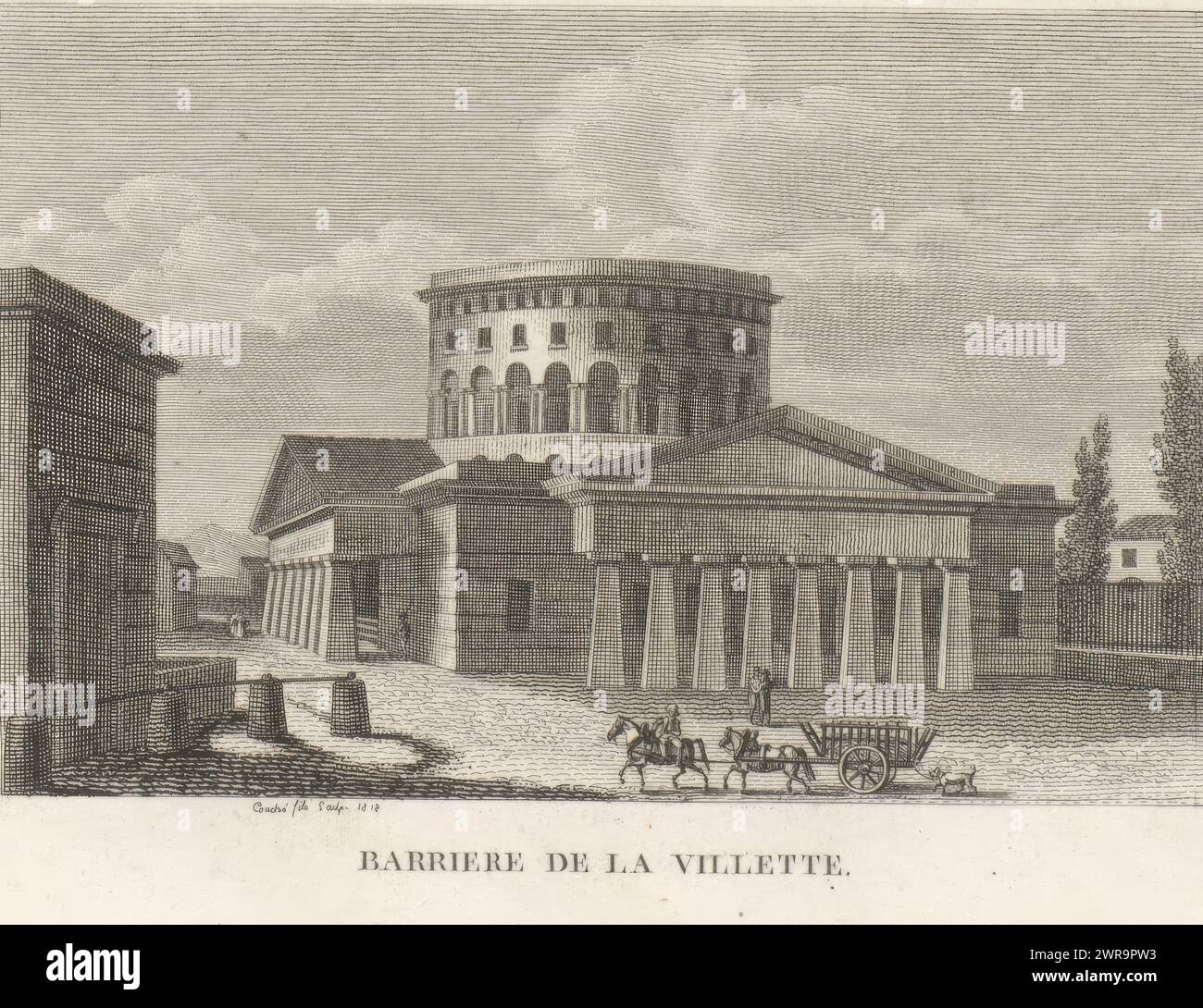 Blick auf die Rotonde de la Villette in Paris, Barriere de la Vilette. (Titel über Objekt), Views of Paris (Titel der Serie), Druckerei: Francois Louis Couché, Verlag: Vilquin, Paris, 1818, Papier, Ätzen, Höhe 125 mm x Breite 160 mm, bedruckt Stockfoto