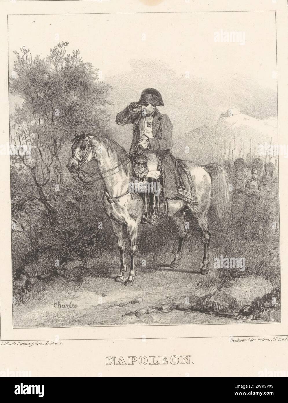 Napoleon Bonaparte zu Pferd in einer Berglandschaft, Napoléon (Titel auf Objekt), Lithographisches Album 1834 (Titel der Serie), Album Lithographique par Charlet 1834 (Titel der Serie), Druckerei: Nicolas Toussaint Charlet, Verlag: Gihaut frères, Paris, 1834, Papier, Höhe 338 mm x Breite 247 mm, bedruckt Stockfoto