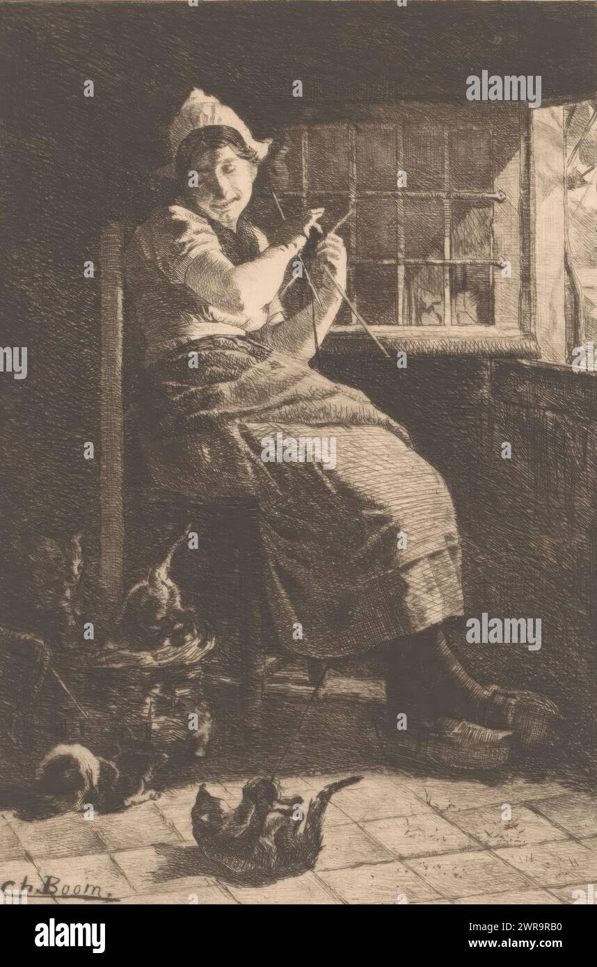 Strickfrau mit Kätzchen, die mit der Wolle zu ihren Füßen spielen, Les intimes de la maison, Druckerei: Charles Boom, (signiert vom Künstler), 1888 - 1889, Papier, Ätzen, Höhe 240 mm x Breite 180 mm, bedruckt Stockfoto