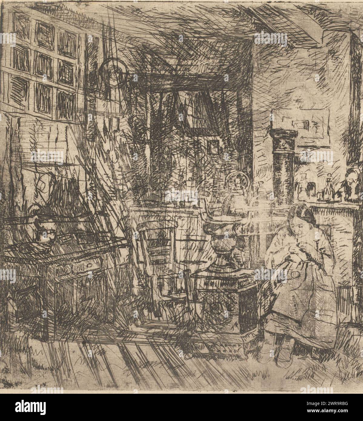 Schneiderin in einem Innenraum in der Nähe des Herds, Druckerei: Henri de Braekeleer, (zugeschrieben), 1850–1888, Papier, Ätzen, Höhe 201 mm x Breite 191 mm, bedruckt Stockfoto