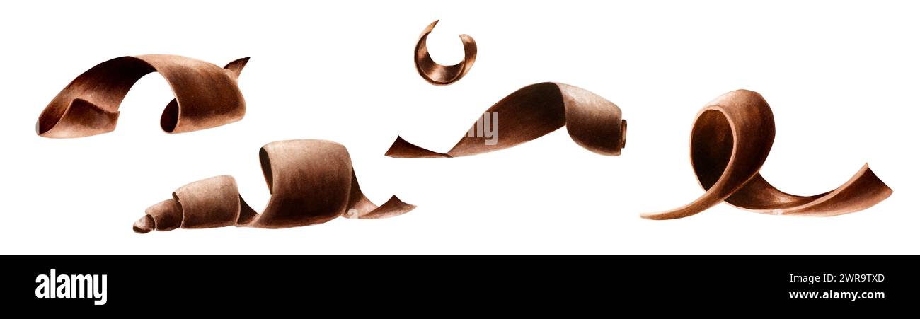 Aquarellset mit gewellten Schokoladenscheiben. Handgezeichnete süße köstliche realistische Illustration lokalisiert auf weißem Hintergrund. Für Designer: Pack Stockfoto