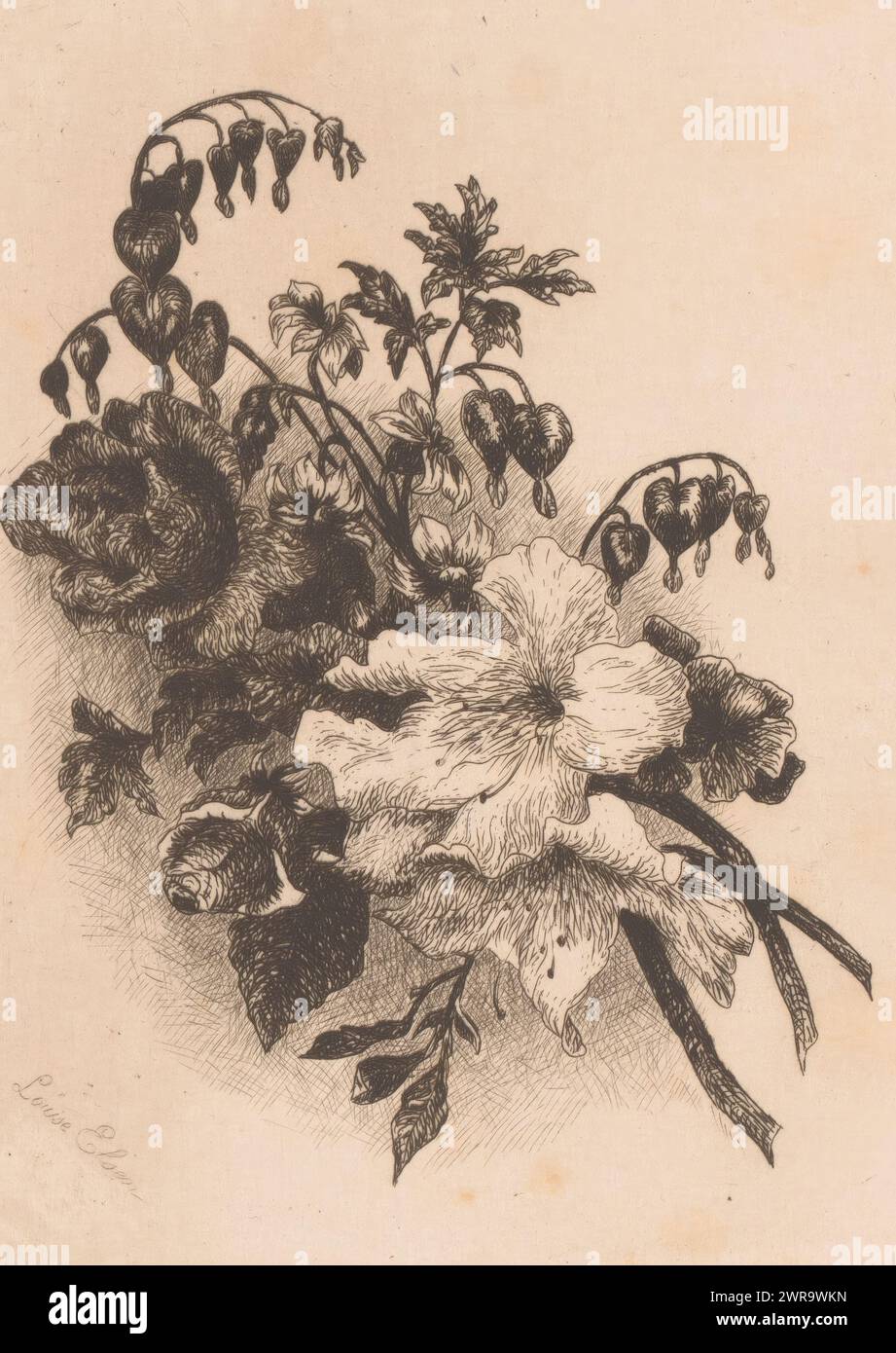 Blumenstillleben, einschließlich Rosen links., Druckerei: Louise Elsen, 1880, Papier, Ätzen, Höhe 210 mm x Breite 156 mm, Druck Stockfoto