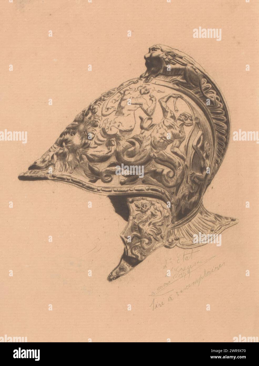 Dekorierter Helm, Druckerei: Louis Joseph Greuse, (signiert vom Künstler), 1879, Papier, Ätzung, Höhe 195 mm x Breite 139 mm, bedruckt Stockfoto