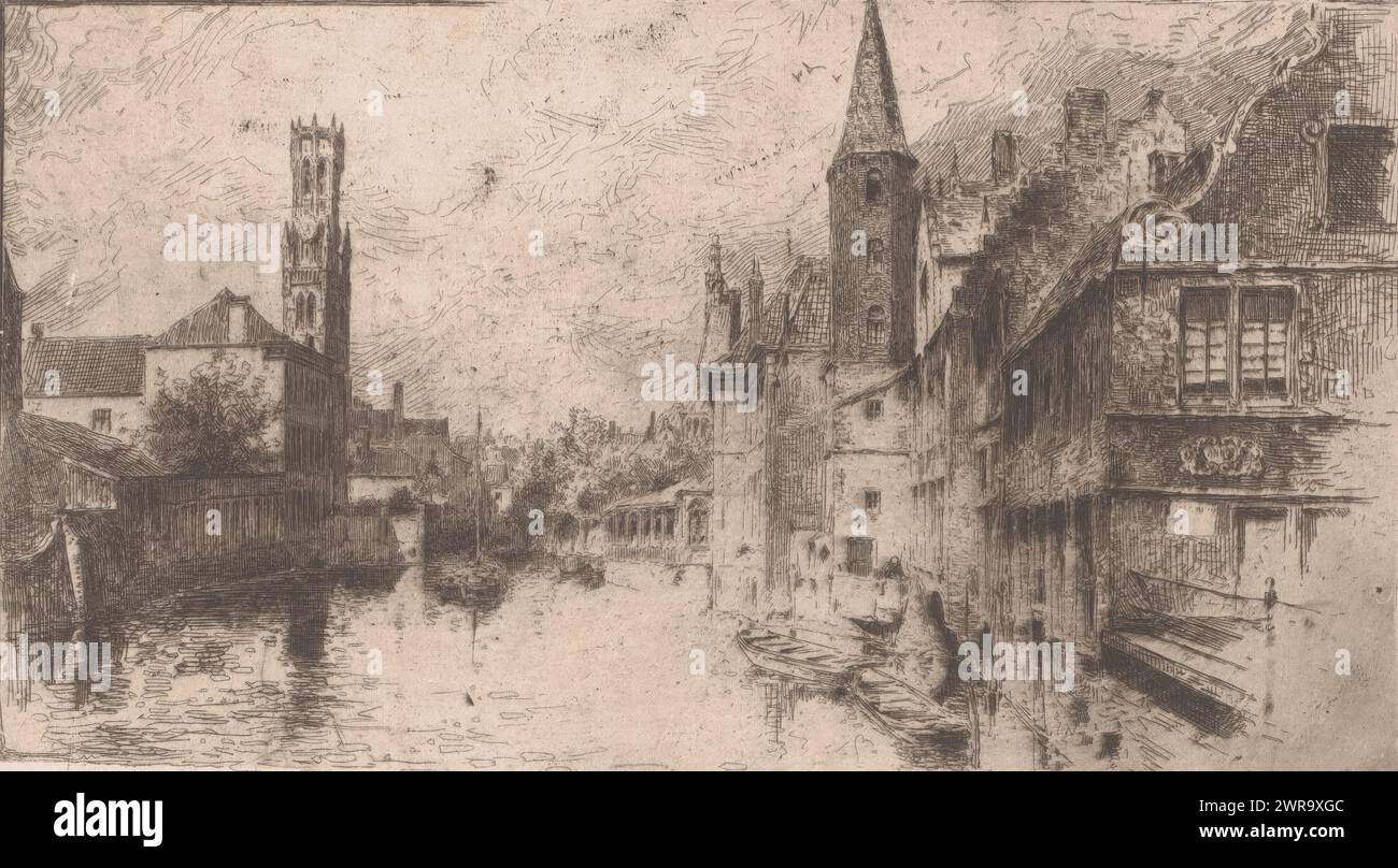 Stadtbild mit Kanal und Turm, Druckerei: Armand Heins, (zugeschrieben), 1866–1910, Papier, Ätzung, Höhe 134 mm x Breite 223 mm, bedruckt Stockfoto