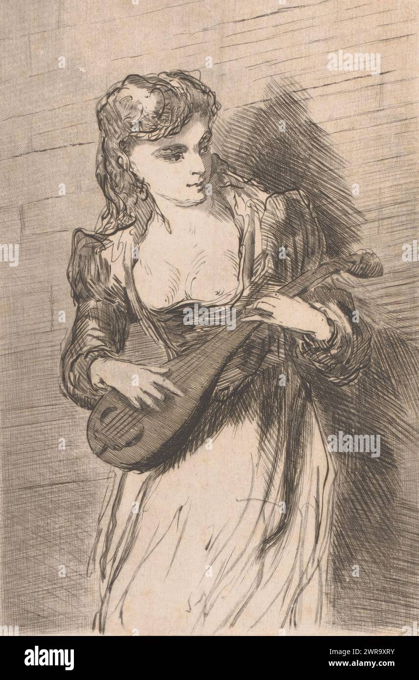 Junge Frau namens Gilline mit Laute, Druckerei: Louis Jaugey, 1869, Papier, Ätzung, Höhe 220 mm x Breite 147 mm, Druck Stockfoto