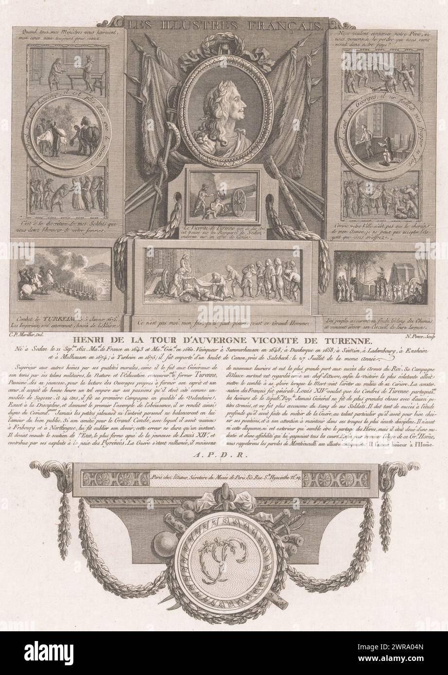 Allegorisches Porträt von Henri de La Tour d'Auvergne, Porträts französischer historischer Figuren (Titel der Serie), Les illustres francais, ou tableaux historiques des grands hommes de la France (Titel der Serie), Druckerei: Nicolas Ponce, nach Zeichnung von: Clément Pierre Marillier, Verlag: Nicolas Ponce, Verlag: Paris, Frankreich, 1790 - 1816, Papier, Ätzen, Gravieren, Höhe 335 mm x Breite 225 mm, Druck Stockfoto