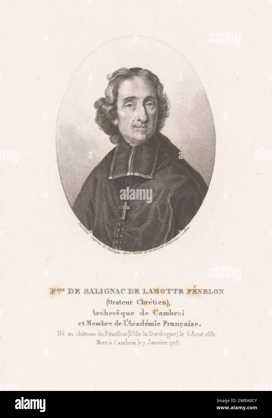 Porträt von Francois Fénelon, vollständige Übersicht über Berühmtheiten (Titel der Serie), Collection de tous les personnages célèbres (Titel der Serie), Druckerei: Ambroise Tardieu, nach Malerei von Joseph Vivien, Paris, 1820 - 1828, Papier, Gravur, Höhe 215 mm x Breite 141 mm, bedruckt Stockfoto