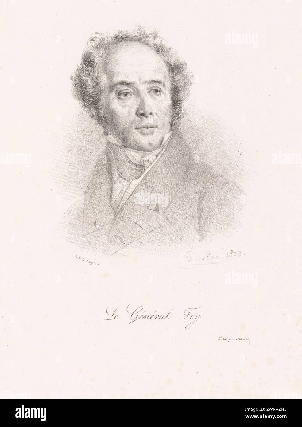 Porträt von Maximilien Sébastien Foy, Le Général Foy (Titel über Objekt), Druckerei: Achille Devéria, Drucker: Pierre Langlumé, Verlag: Blaisot, Paris, 1823, Papier, Höhe 370 mm x Breite 276 mm, bedruckt Stockfoto