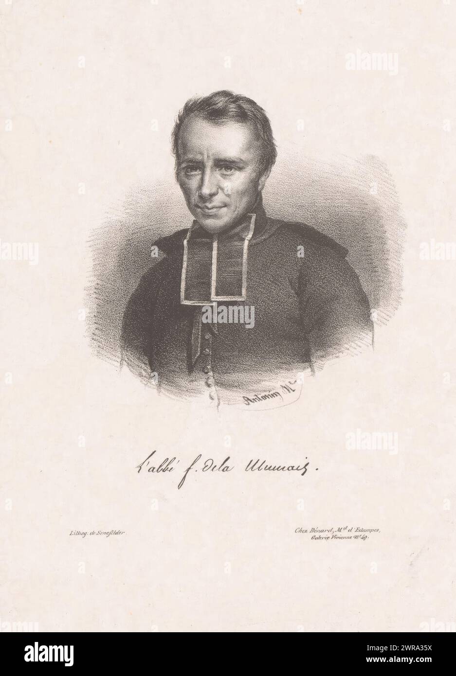 Porträt von Félicité Robert de Lamennais, L'abbé F. dela Mennais (Titel zum Objekt), Druckerei: Antonin Marie Moine, nach Malerei von: Paulin Guérin, (möglicherweise), Drucker: Alois Senefelder, Paris, 1819 - 1830, Papier, Höhe 280 mm x Breite 210 mm, bedruckt Stockfoto