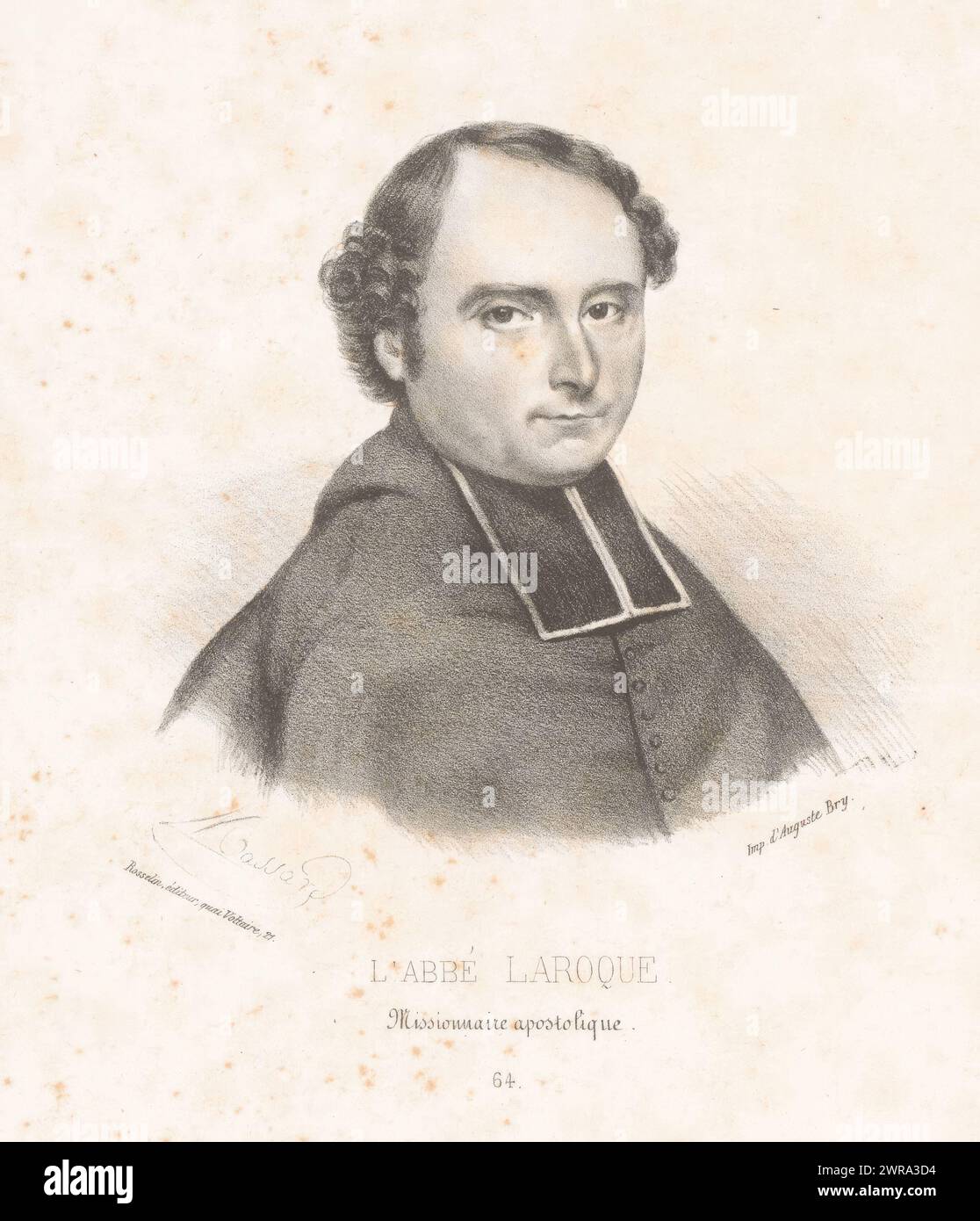 Porträt von Abt Bertrand-Martin Laroque, L'abbé Laroque, Missionnaire apostolique (Titel über Objekt), nummeriert unten: 64., Druckerei: Léopold Massard, Drucker: Auguste Bry, Verlag: V. Rosselin, Paris, 1832 - 1861, Papier, Höhe 273 mm x Breite 180 mm, bedruckt Stockfoto