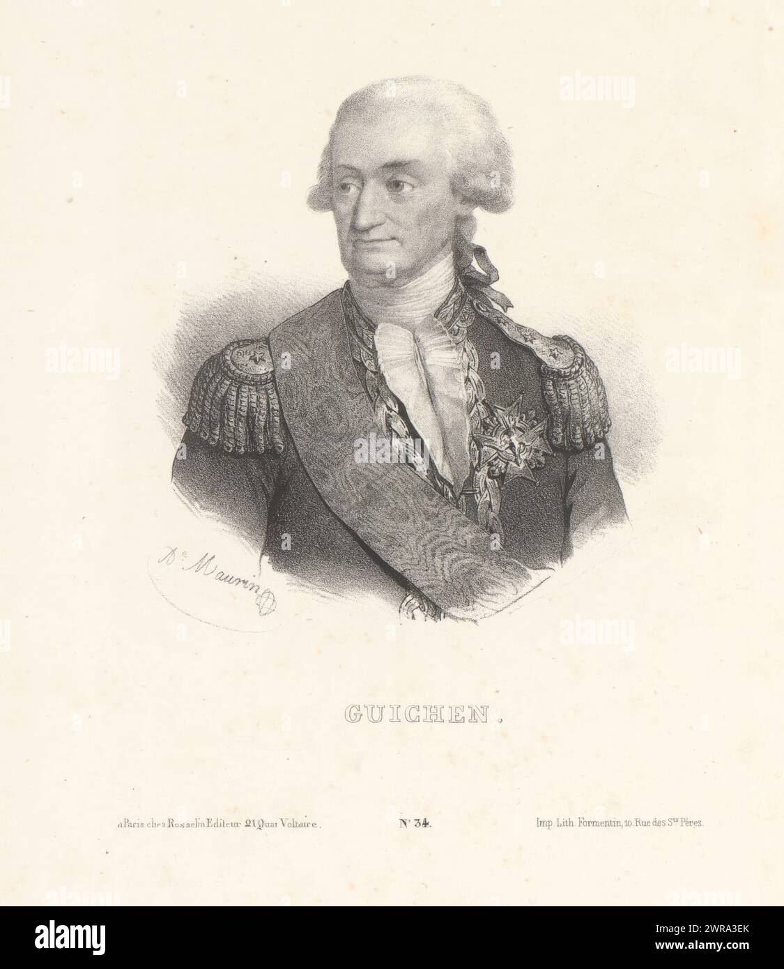 Porträt des Marineoffiziers Luc Urbain du Bouëxic de Guichen, Guichen (Titel über Objekt), nummeriert unten: Nr. 34, Druckerei: Antoine Maurin, Drucker: Mademoiselle Formentin (Joséphine Clémence), Verlag: V. Rosselin, Paris, 1837, Papier, Höhe 275 mm x Breite 180 mm, bedruckt Stockfoto