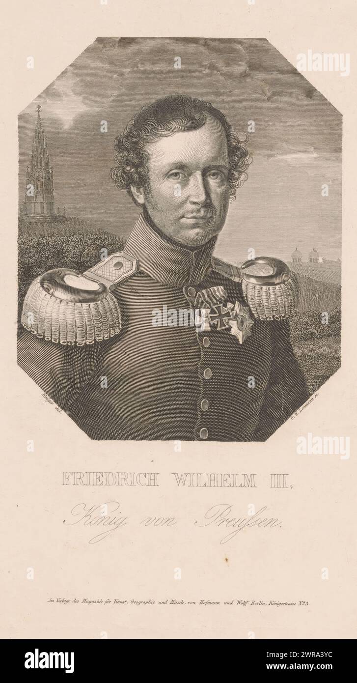 Porträt Friedrich Wilhelm III. Von Preußen, Druckerei: G.W. Lehmann, nach Zeichnung von: Arthur F. Krüger, Verlag: Hofmann & Wolff, Berlin, 1800 - 1899, Papier, Stahlstich, Höhe 265 mm x Breite 206 mm, bedruckt Stockfoto