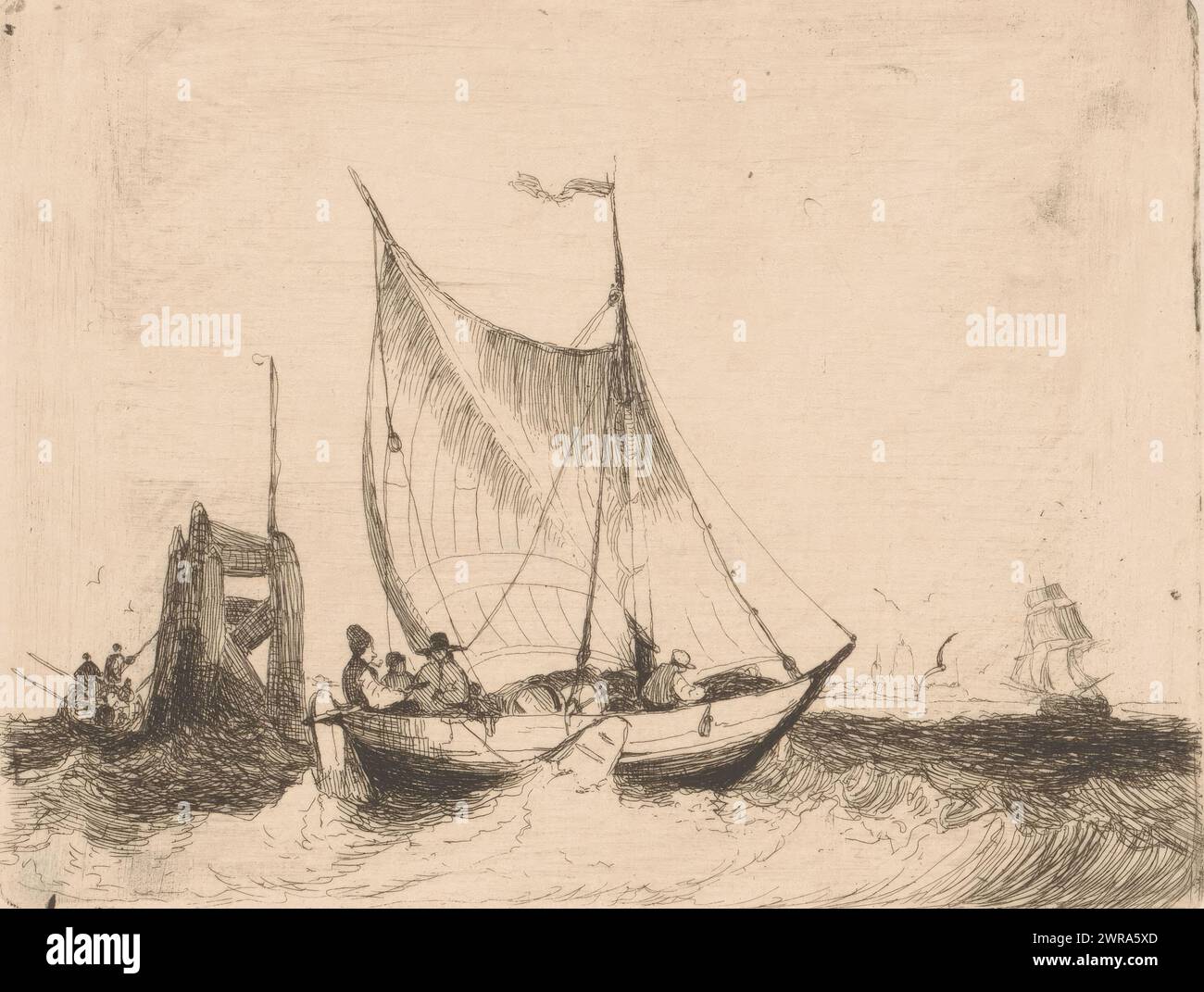 Seescape mit Segelboot und Leuchtfeuer, Druckerei: Egidius Linnig, 1842, Papier, Ätzung, Höhe 112 mm x Breite 147 mm, Druck Stockfoto