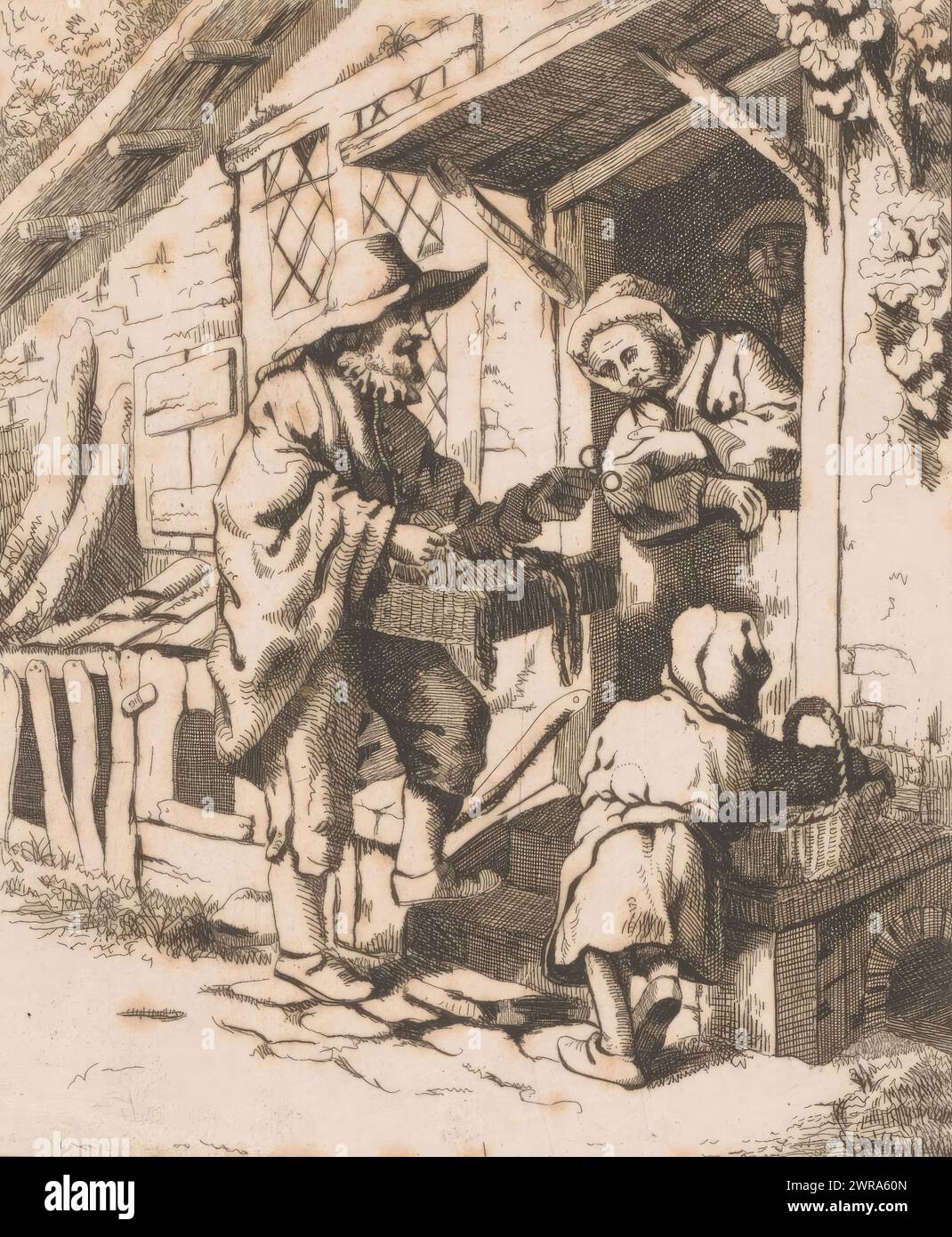 Brillenverkäufer, Druckerei: Jean Théodore Joseph Linnig, nach Malerei von Adriaen van Ostade, 1840, Papier, Ätzen, Höhe 125 mm x Breite 92 mm, Druck Stockfoto