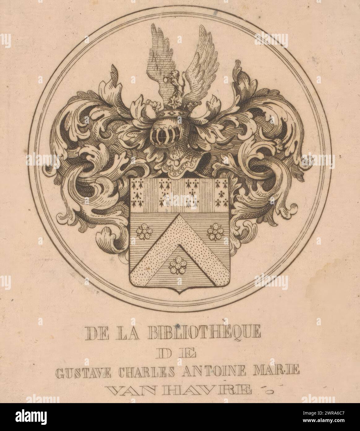 Ex-Libris von Gustave Charles Antoine Marie van Havre, Druckerei: Jean Théodore Joseph Linnig, (signiert vom Künstler), 1825 - 1891, Papier, Ätzen, Höhe 108 mm x Breite 98 mm, bedruckt Stockfoto