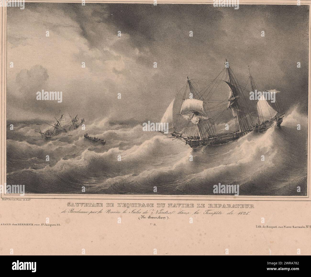 Rettung der Besatzung des Schiffes Repairateur, Sauvetage de l'equipage du navire le Reparateur, de Bordeaux par le navire le Jules de Nantes dans la tempête de 1825. (Ile Bourbon) (Titel über Objekt), Flüsse und Meere entlang der französischen Küste (Titel der Serie), Druckerei: Ferdinand Victor Perrot, nach eigenem Entwurf von Ferdinand Victor Perrot, Drucker: Louis Pierre Prudence Becquet, Paris, in oder vor 1832 - 1843, Papier, Höhe 364 mm x Breite 551 mm, Druck Stockfoto