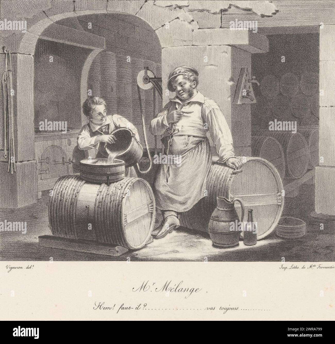 Der Weinhändler lässt den jungen Mann Wasser zum Wein hinzufügen, Herr Mélange (Titel auf dem Objekt), Druckerei: Pierre roch Vigneron, Drucker: Mademoiselle Formentin (Joséphine Clémence), Verlag: Mademoiselle Formentin (Joséphine Clémence), Paris, 1824 - 1837, Papier, Höhe 290 mm x Breite 420 mm, Druck Stockfoto