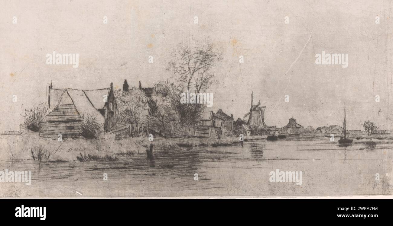 Landschaft mit Häusern und Mühle am Wasser, Delftshaven (Originaltitel), Druckerei: Philip Zilcken, 1867 - 1890, Papier, Trockenpunkt, Höhe 216 mm x Breite 408 mm, Druck Stockfoto