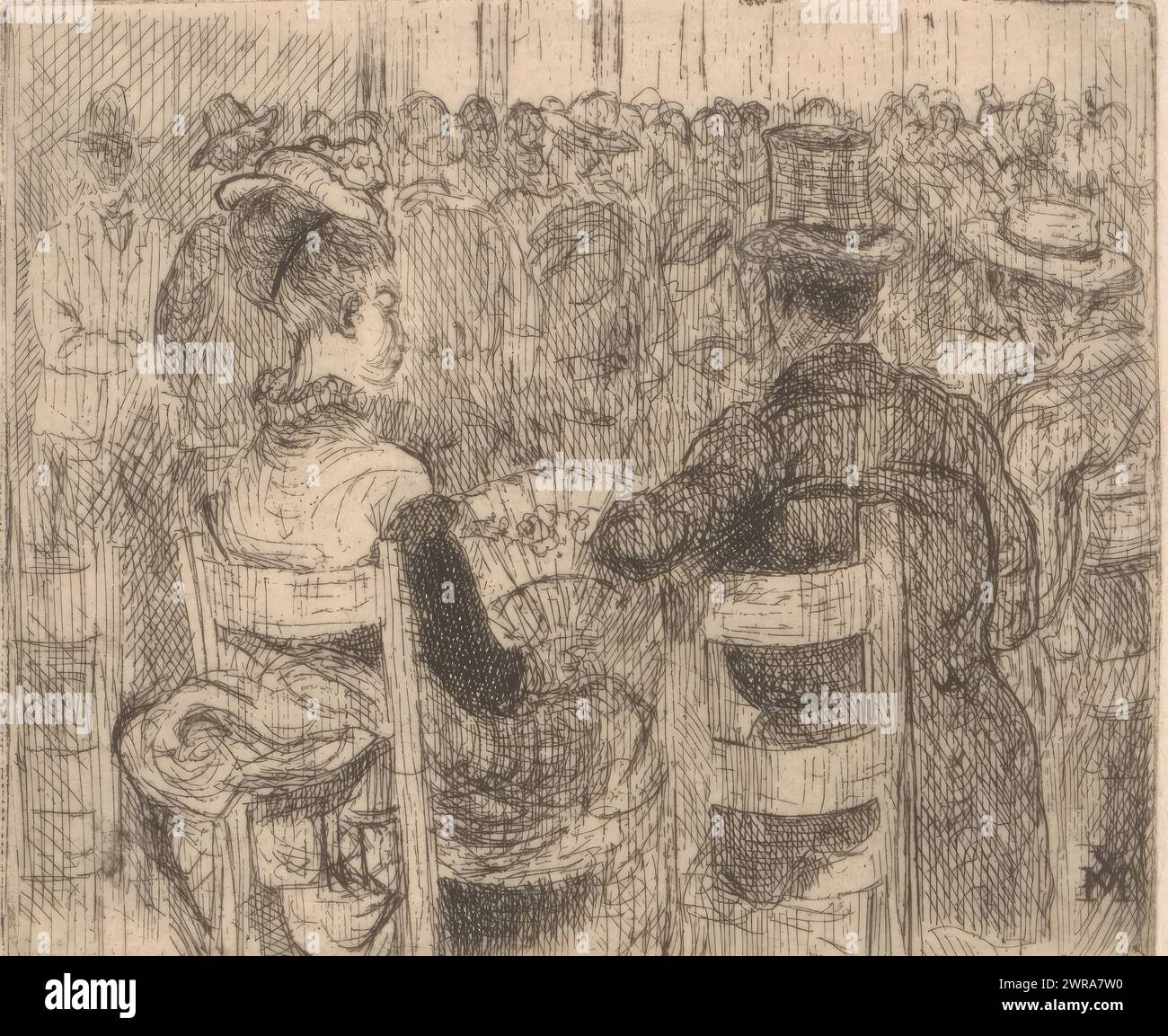Frau mit Fächer und Mann mit Hut auf einem Stuhl in einer Menge, über der Szene eine Skizze des Kopfes der Frau mit Fächer., Druckerei: Xavier Mellery, 1855 - 1913, Papier, Ätzung, Höhe 70 mm x Breite 84 mm, Druck Stockfoto