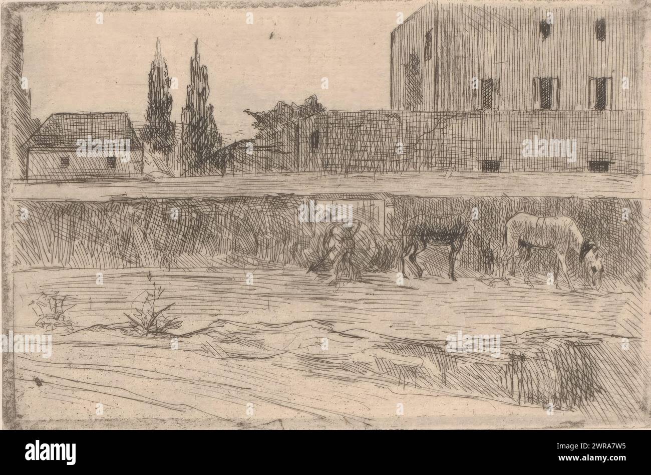 Landschaft mit Gebäuden und einer Figur am Werk, Druckerei: Xavier Mellery, 1855 - 1913, Papier, Ätzen, Höhe 80 mm x Breite 120 mm, Druck Stockfoto