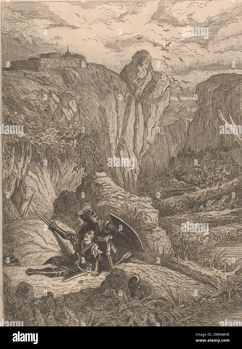 Zwei Ritter in Rüstung verteidigen sich in einer felsigen Landschaft, Druckerei: Auguste Numans, (zugeschrieben), 1833–1879, Papier, Ätzen, Trockenpunkt, Höhe 330 mm x Breite 245 mm, bedruckt Stockfoto