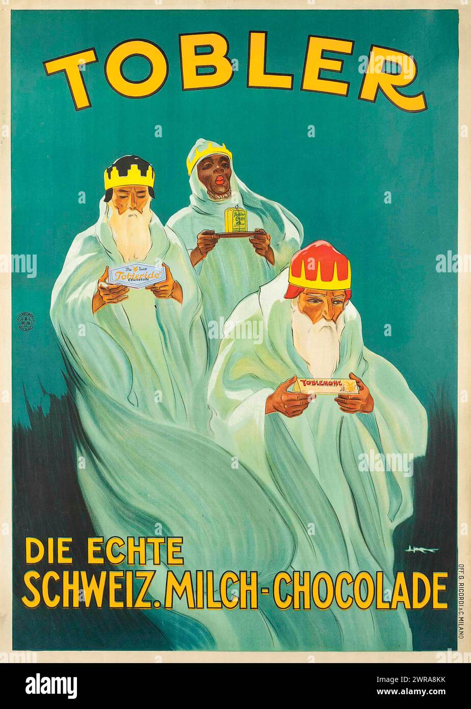 Vintage-Werbeplakat für Tobler-Schokolade, auf dem die drei Könige Tobler-Schokolade mitbringen, einschließlich Toblerone-Bar als Geschenk für die 1920er Jahre Stockfoto