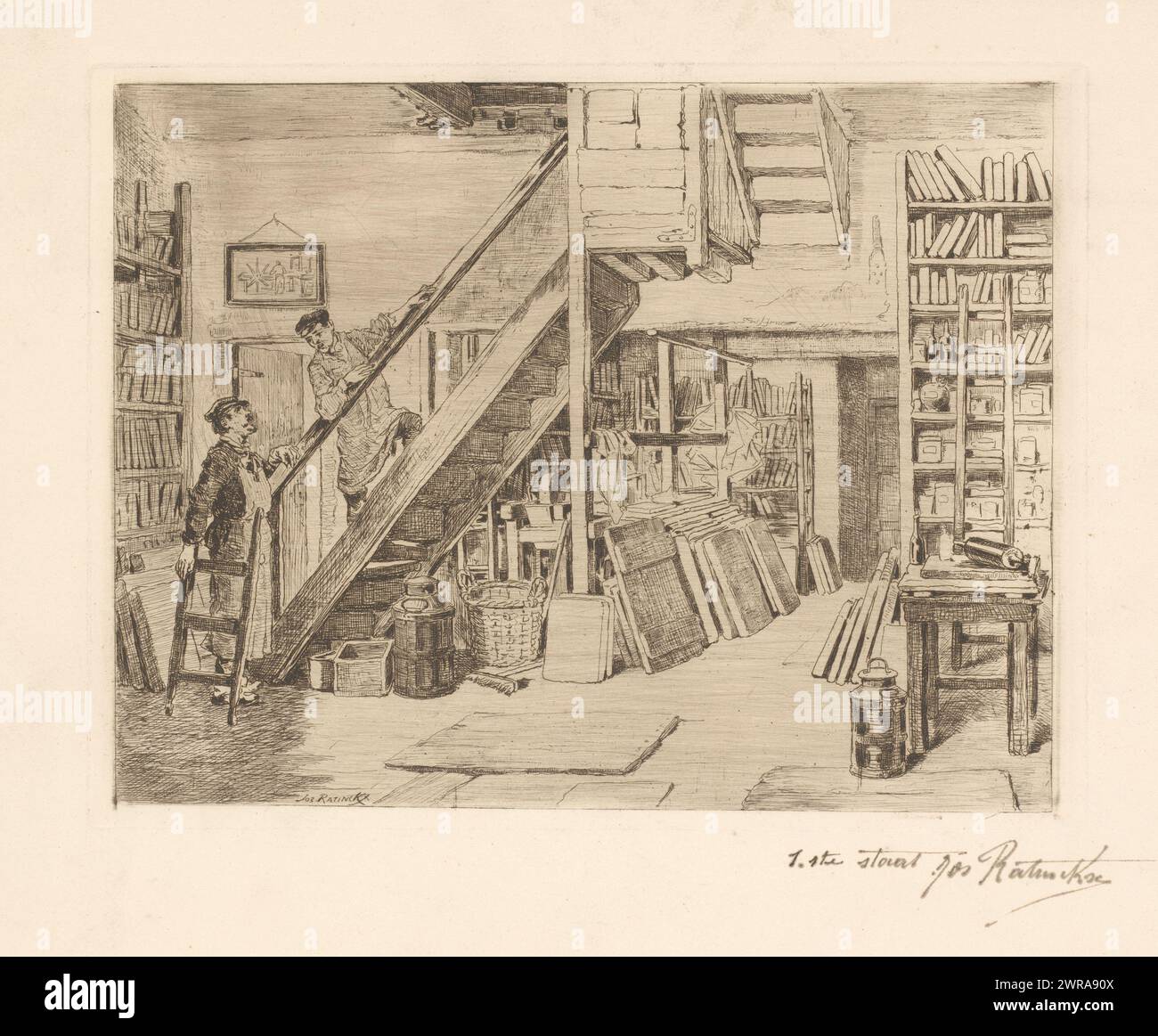 Zwei Männer in der Nähe einer Treppe in einer Antwerpener Lithografenwerkstatt, Druckerei: Jos Ratinckx, 1870 - 1913, Papier, Ätzen, Höhe 196 mm x Breite 256 mm, Druck Stockfoto