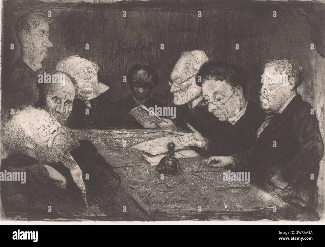 Kommission zur Reorganisation der Akademie Antwerpen, Messieurs les Membres de la Commission pour la Reorganisation de l'academie Royale d'Anvers 1879 (Titel zum Objekt), etwas karikierte Porträts der Mitglieder eines Komitees der Königlichen Akademie der Bildenden Künste in Antwerpen, Druckerei: Charles Verlat, 1879, Papier, Ätzen, Trockenspitzen, Nachrüstung, Höhe 188 mm x Breite 271 mm, Druck Stockfoto