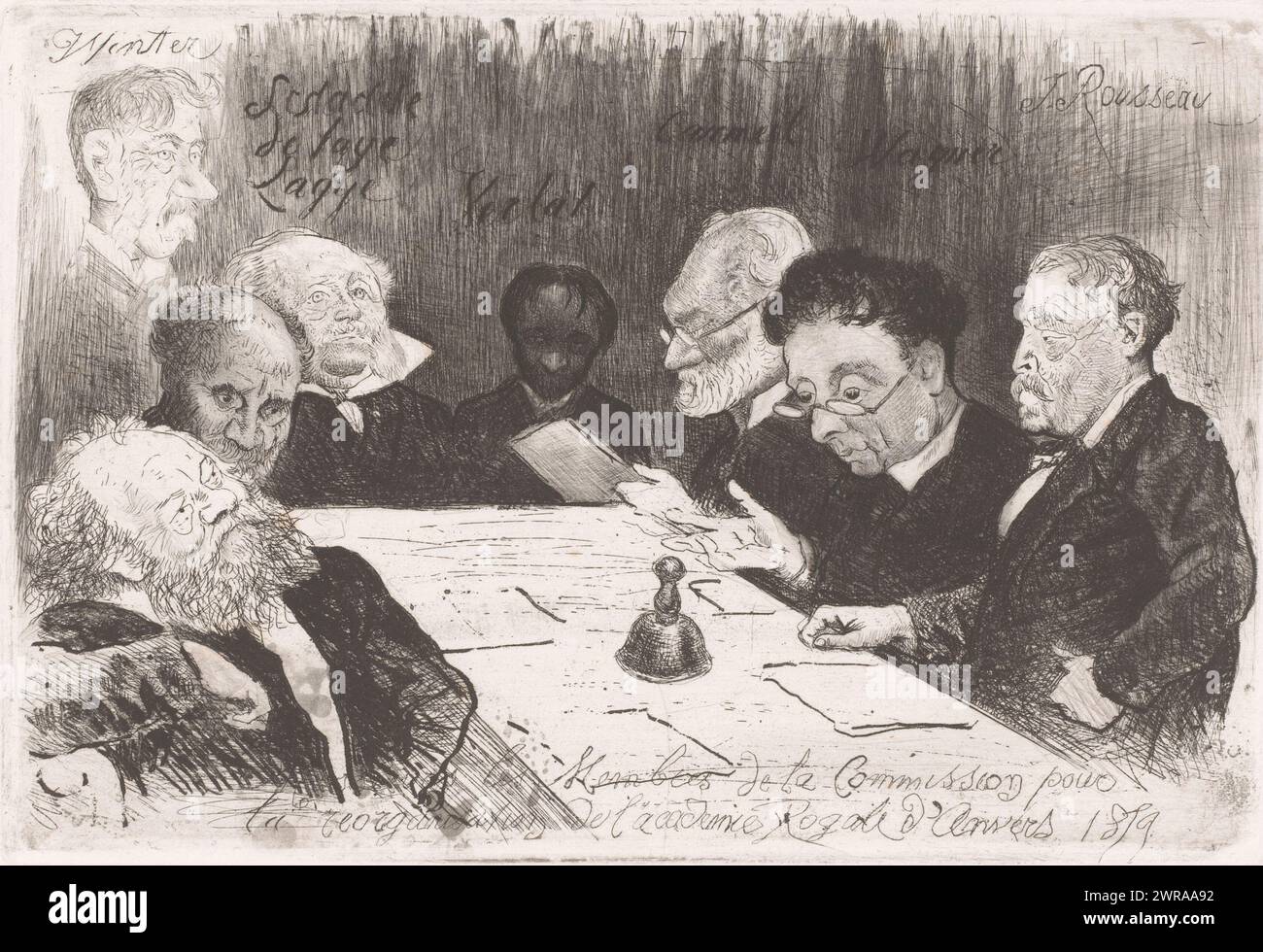 Kommission zur Reorganisation der Akademie Antwerpen, Messieurs les Membres de la Commission pour la Reorganisation de l'academie Royale d'Anvers 1879 (Titel zum Objekt), etwas karikierte Porträts der Mitglieder eines Komitees der Königlichen Akademie der Bildenden Künste in Antwerpen, Druckerei: Charles Verlat, 1879, Papier, Ätzen, Trockenspitzen, Nachrüstung, Höhe 184 mm x Breite 273 mm, Druck Stockfoto