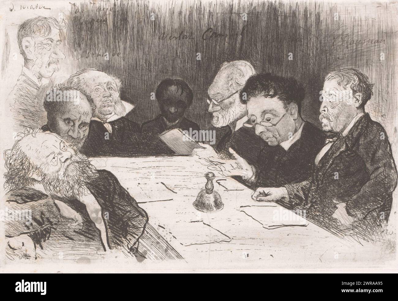 Komitee für die Reorganisation der Antwerpener Akademie, etwas karikierte Porträts der Mitglieder eines Komitees der Königlichen Akademie der Schönen Künste in Antwerpen, Druckerei: Charles Verlat, 1879, Papier, Ätzen, Trockenspitzen, Nachrüstung, Höhe 185 mm x Breite 274 mm, Druck Stockfoto