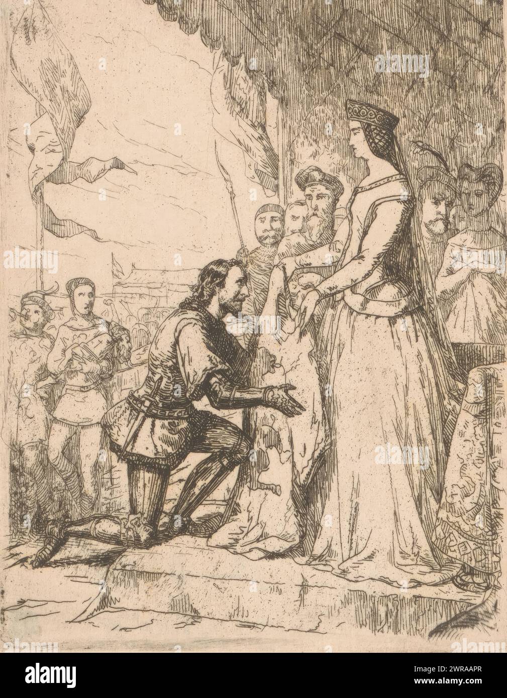 Bruno als sieger des Wettkampfes. Weil er einen Wettkampf gewonnen hat, erhält der Ritter Bruno einen mit Goldfaden bestickten Mantel. Danach fühlt er sich schuldig, weil er mit Zorn und nicht mit edlem Rittermut kämpfte., Druckerei: Johan Bernhard Wittkamp, Verlag: C.L. van Langenhuysen, Amsterdam, 1857, Papier, Ätzen, Höhe 134 mm x Breite 105 mm, bedruckt Stockfoto