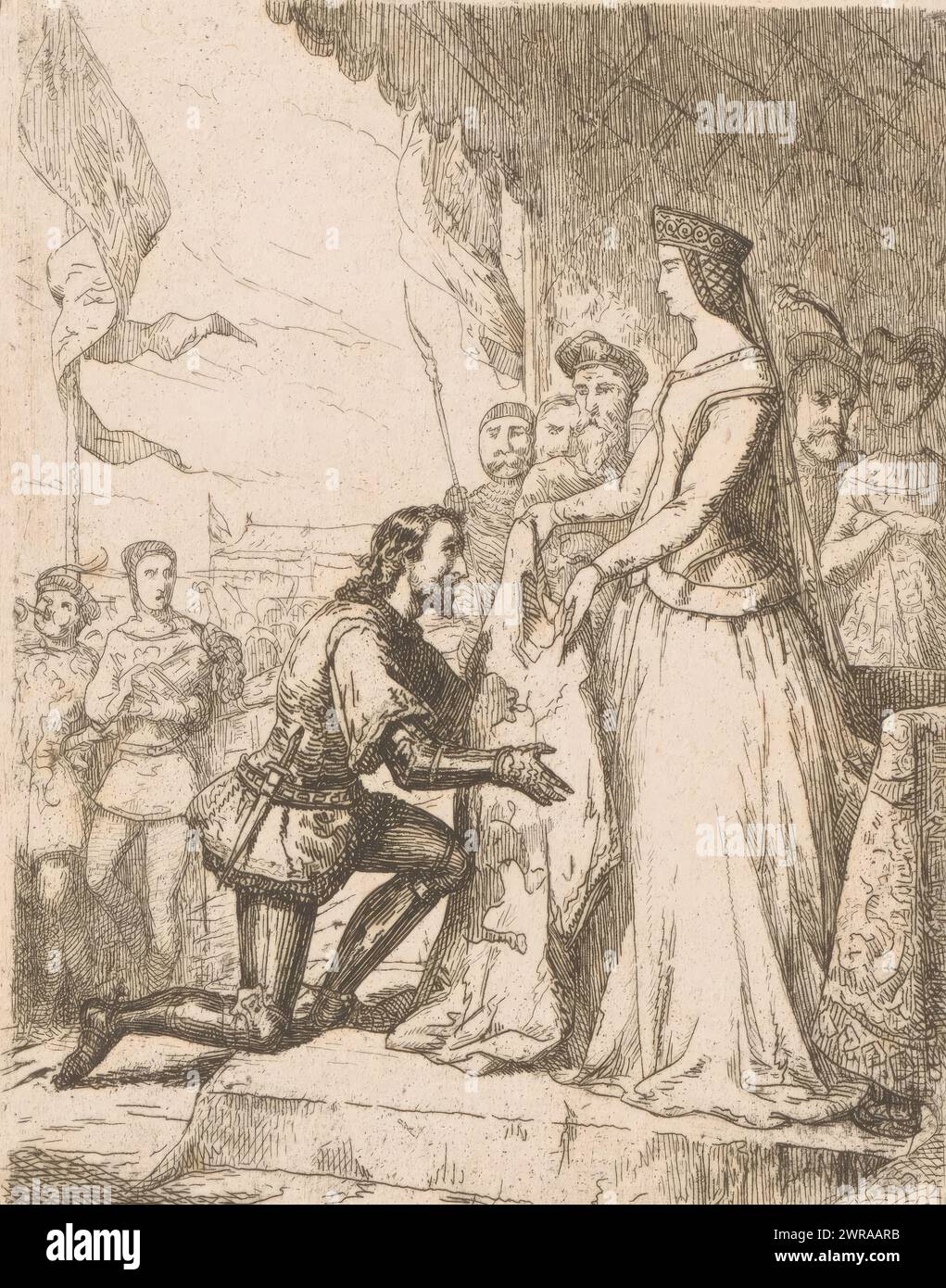 Bruno als sieger des Wettkampfes. Weil er einen Wettkampf gewonnen hat, erhält der Ritter Bruno einen mit Goldfaden bestickten Mantel. Danach fühlt er sich schuldig, weil er mit Zorn und nicht mit edlem Rittermut kämpfte., Druckerei: Johan Bernhard Wittkamp, Verlag: C.L. van Langenhuysen, Amsterdam, 1857, Papier, Ätzen, Höhe 132 mm x Breite 102 mm, bedruckt Stockfoto