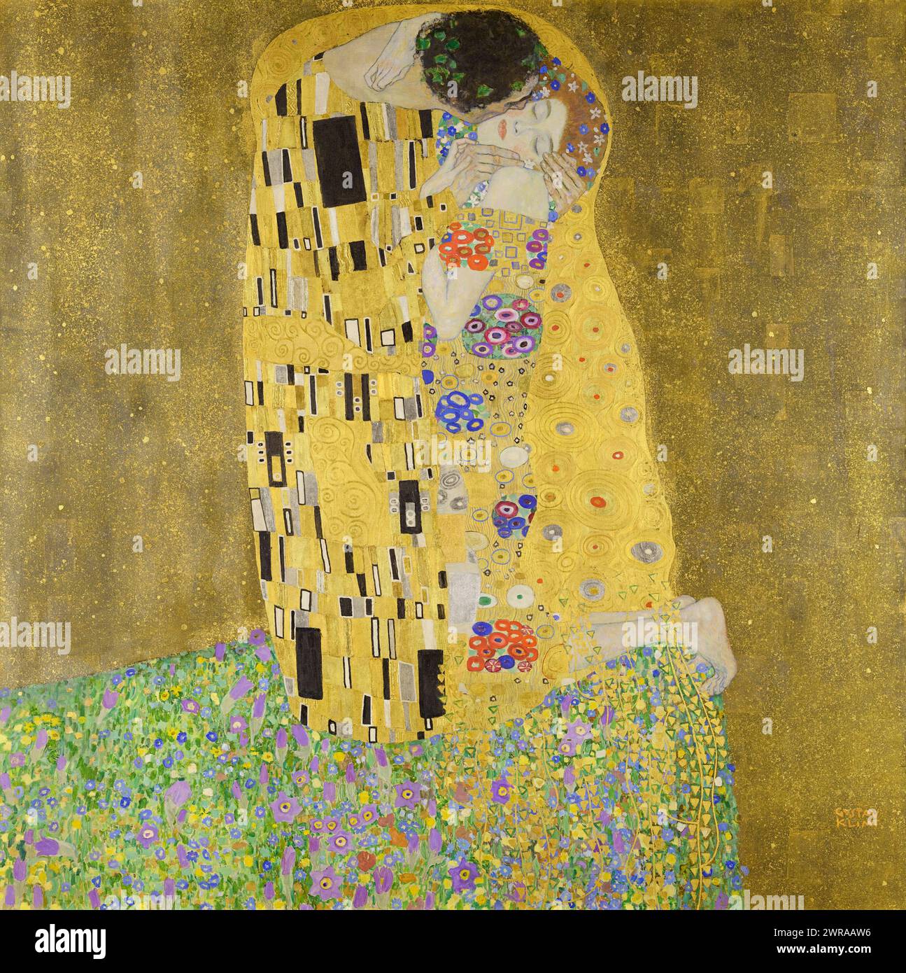 Der Kuss des österreichischen Künstlers Gustav Klimt (1862-1918) gemalt 1907-08. Ein Meisterwerk der Wiener Secession, das zwei Liebende zeigt, die sich in dekorativen Gewändern umschließen, die in Öl mit Blattgold bemalt sind. Quelle: Österreichische Galerie Belvedere / Universelles Kunstarchiv Stockfoto