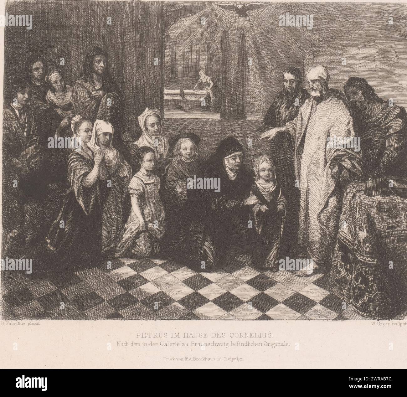 Peter im Haus Cornelius, Petrus im Haus des Cornelis (Titel zum Objekt), Druckerei: William Unger, nach Malerei von: Barent Fabritius, Drucker: Friedrich Arnold Brockhaus (I), Druckerei: Deutschland, Drucker: Leipzig, 1847 - 1889, Papier, Ätzen, Höhe 189 mm x Breite 248 mm, bedruckt Stockfoto