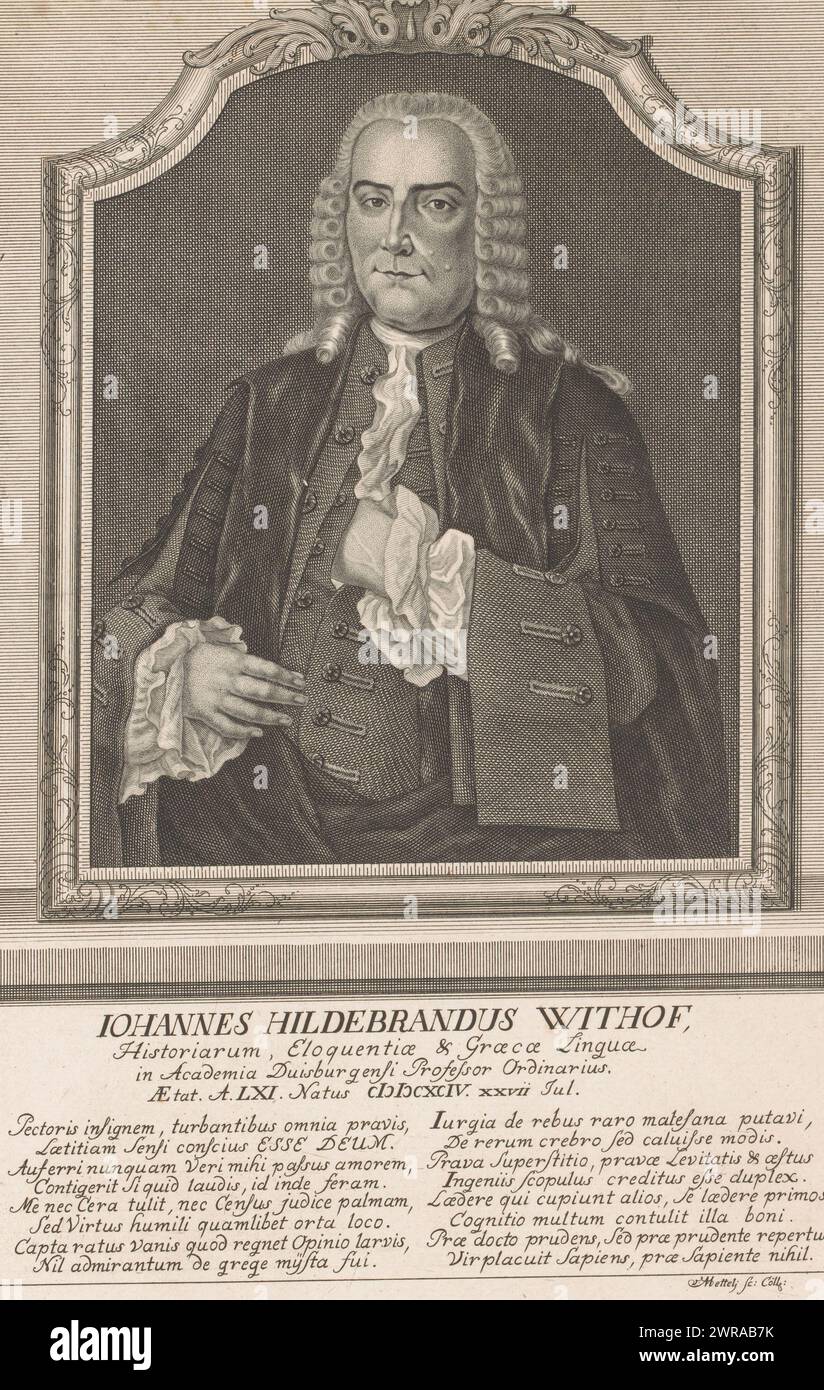 Porträt von Johann Hildebrand Withof im Alter von 61 Jahren, Druckerei: Nicolaus Mettel, Köln, 1755 - 1778, Papier, Kupferstich, Höhe 303 mm x Breite 210 mm, bedruckt Stockfoto
