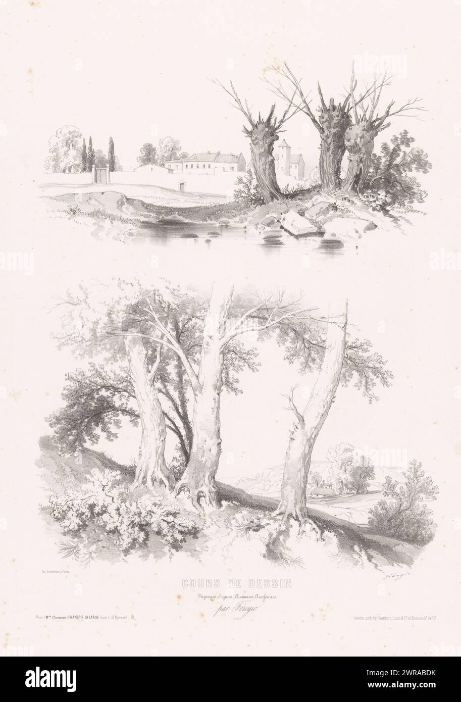 Pollerweiden auf dem Wasser und hügelige Landschaft mit Bäumen, Zeichenkurs mit Studien über Landschaften, Tiere und Details (Titel der Serie), Cours de dessin. Paysages, Figures, animaux, Accessories, par Férogio (Reihentitel über Objekt), Druckerei: Fortuné Férogio, Drucker: Joseph Rose Lemercier, Verlag: Francois Delarue, Drucker: Paris, Verlag: Paris, Verlag: London, 1845 - 1846, Papier, Höhe 521 mm x Breite 353 mm, Druck Stockfoto