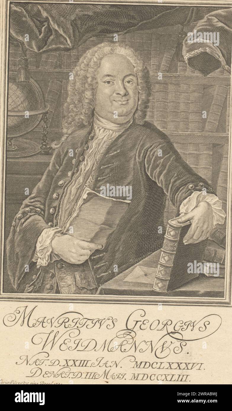 Porträt von Moritz Georg (II) Weidmann, Druckerei: Johann Martin Bernigeroth, nach Malerei von: Marie Catharine Silvestre, Druckerei: Leipzig, nach Malerei von: Dresden, 1744, Papier, Gravur, Radierung, Höhe 185 mm x Breite 115 mm, bedruckt Stockfoto