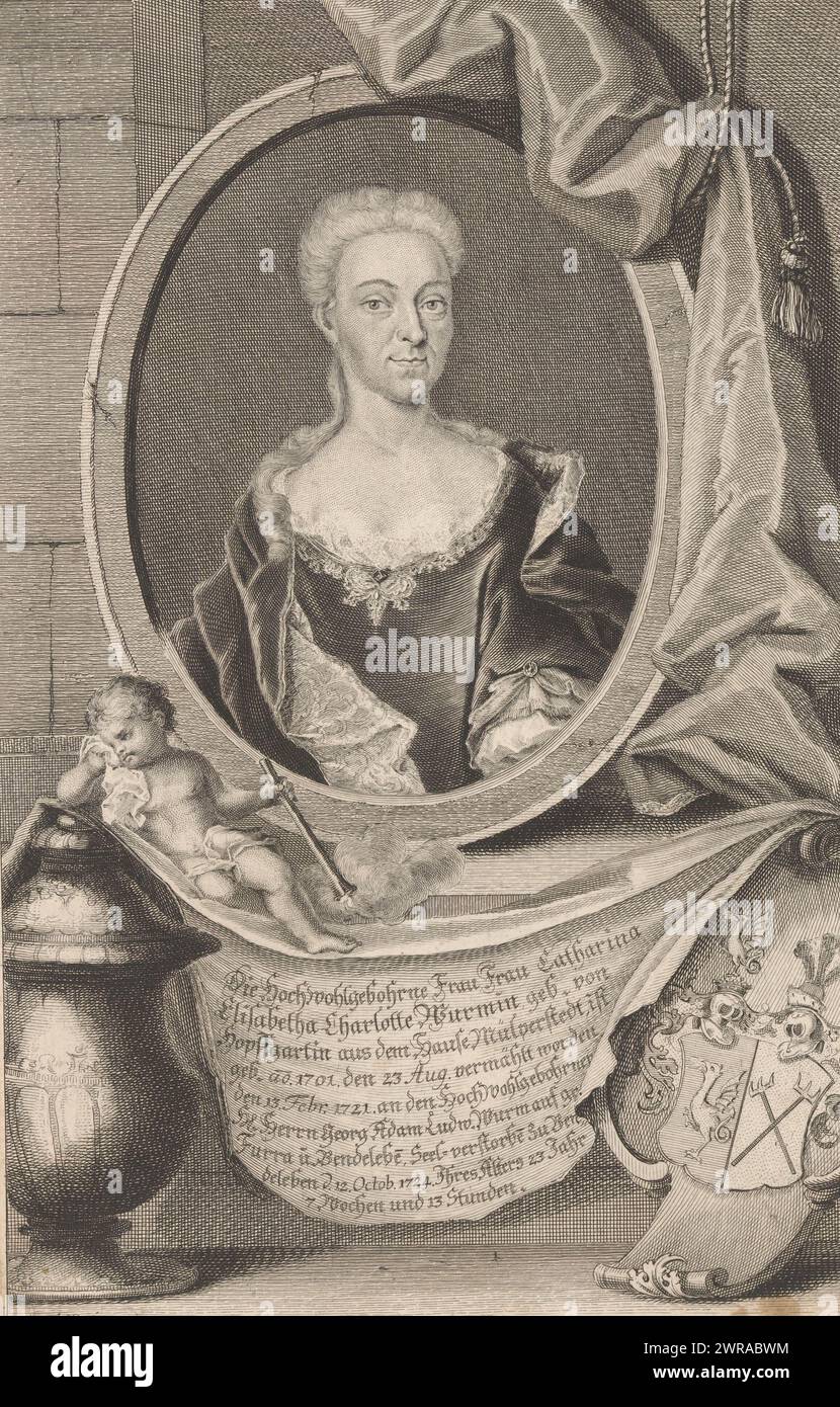 Porträt von Catharina Elisabeth Charlotte Wurm, Druckerei: Martin Bernigeroth, Leipzig, 1724 - 1733, Papier, Ätzen, Gravur, Höhe 292 mm x Breite 192 mm, bedruckt Stockfoto