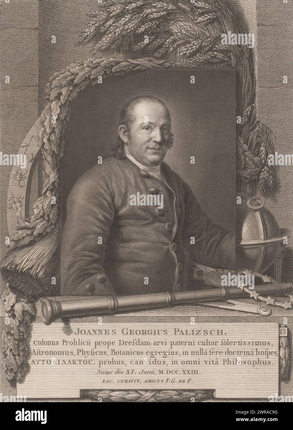 Porträt von Johann Georg Palitzsch, Druckerei: Christian Gottfried Schultze, nach Malerei von: Anton Graff, nach Entwurf von: Johann Eleazar Schenau, (Werkstätte zugeschrieben), 1782, Papier, Ätzung, Stich, Höhe 357 mm x Breite 263 mm, bedruckt Stockfoto