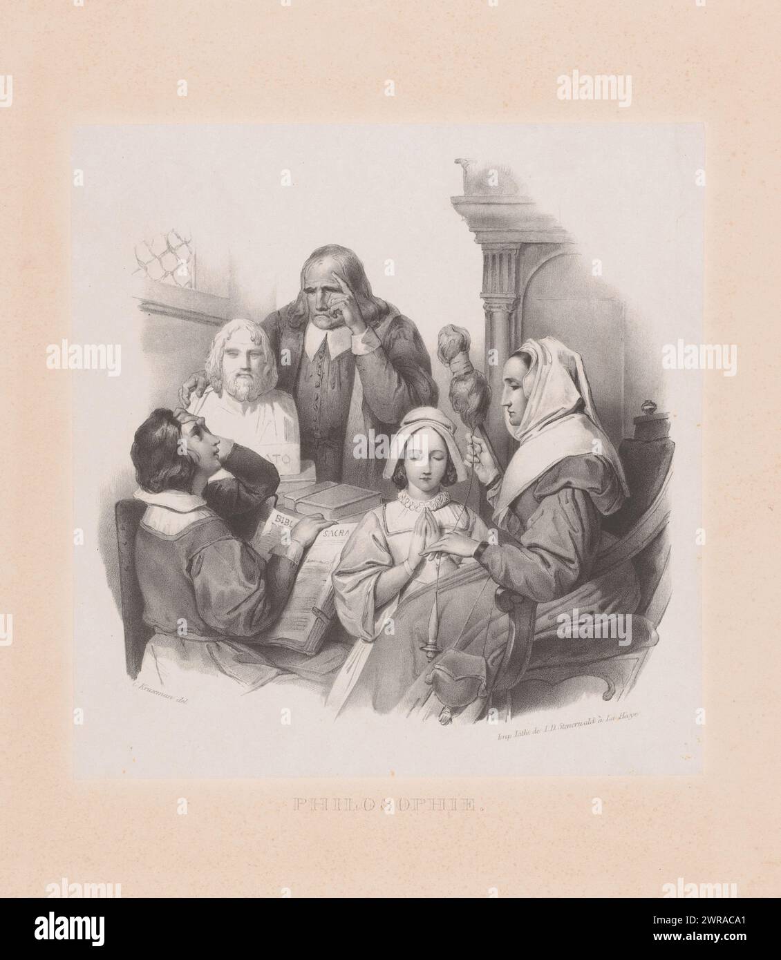 Philosophierende Gesellschaft, Philosophie (Titel auf Objekt), die Firma sitzt am Tisch. Der Mann steht neben einer Büste von Platon. Der Junge liest die Bibel. Das Mädchen betet und die Frau hat einen Stab in den Händen., Druckerei: Cornelis Kruseman, nach Entwurf: Cornelis Kruseman, Drucker: Jan Dam Steuerwald, den Haag, 1833 - ca. 1863, Papier, Höhe 465 mm x Breite 358 mm, Druck Stockfoto